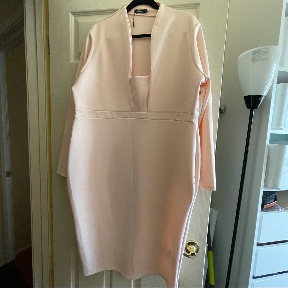 Plus sized plunge high collar midi dress